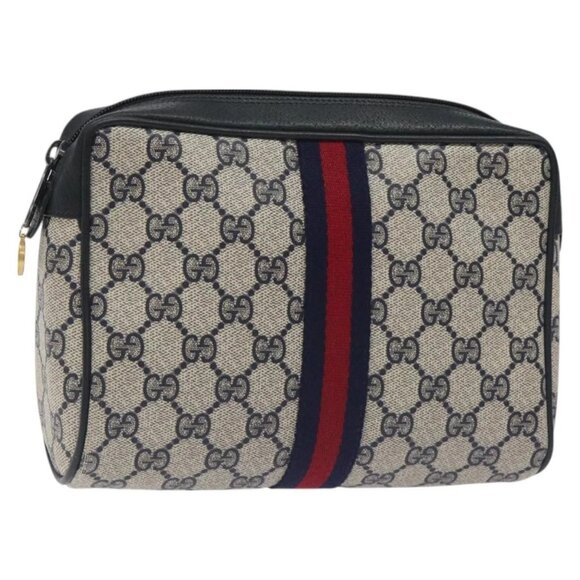 GUCCI GG Supreme Sherry Line Clutch Bag PVC Navy Gold Red 56 01 012 Auth 129340 - Picture 1 of 16